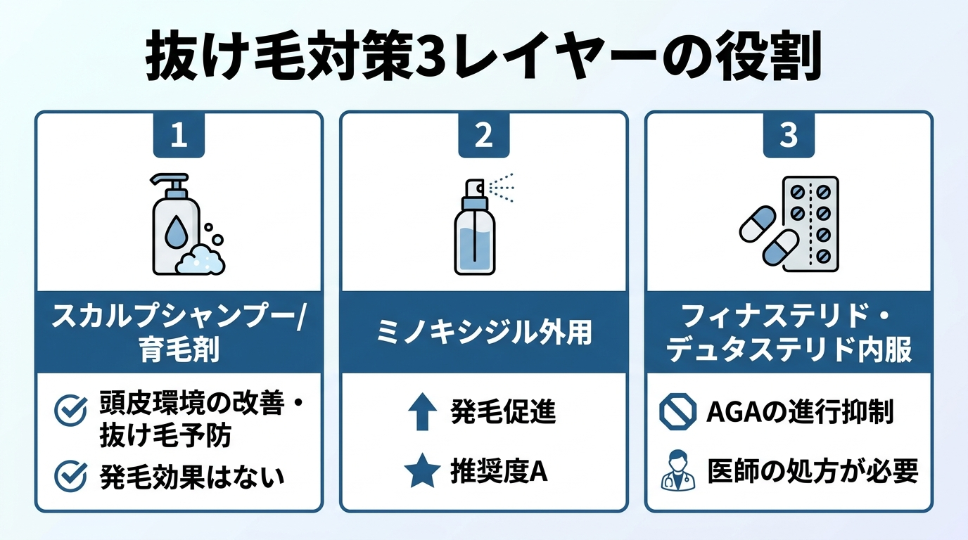 タイトル: 抜け毛対策3レイヤーの役割。横並び3カードで: カード1(シャンプーのアイコン)ヘッダー: スカルプシャンプー/育毛剤、説明: 頭皮環境の改善・抜け毛予防。発毛効果はない。カード2(スプレーのアイコン)ヘッダー: ミノキシジル外用、説明: 発毛促進。推奨度A。カード3(錠剤のアイコン)ヘッダー: フィナステリド・デュタステリド内服、説明: AGAの進行抑制。医師の処方が必要。