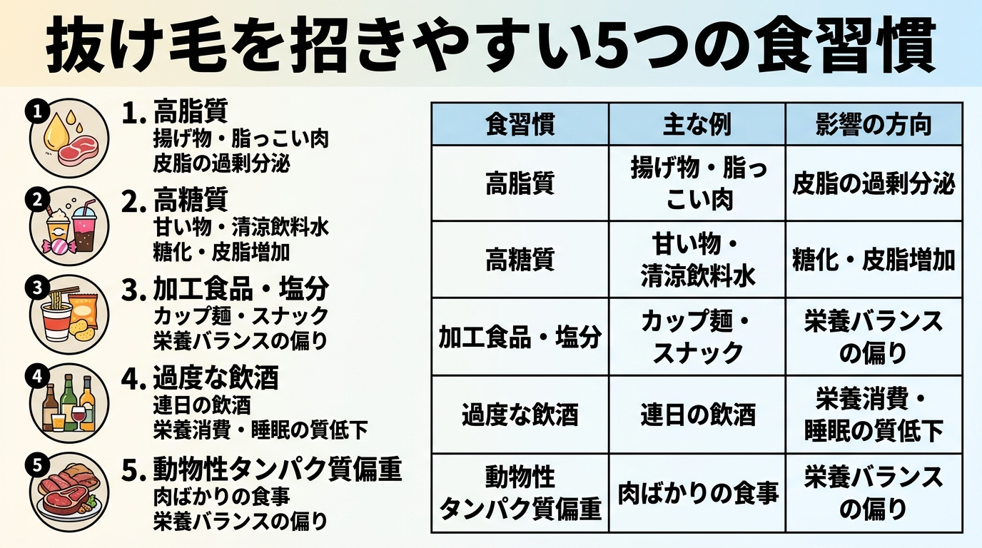 タイトル: 抜け毛を招きやすい5つの食習慣。5行の表: ヘッダー行: 食習慣 | 主な例 | 影響の方向。行1: 高脂質 | 揚げ物・脂っこい肉 | 皮脂の過剰分泌。行2: 高糖質 | 甘い物・清涼飲料水 | 糖化・皮脂増加。行3: 加工食品・塩分 | カップ麺・スナック | 栄養バランスの偏り。行4: 過度な飲酒 | 連日の飲酒 | 栄養消費・睡眠の質低下。行5: 動物性タンパク質偏重 | 肉ばかりの食事 | 栄養バランスの偏り
