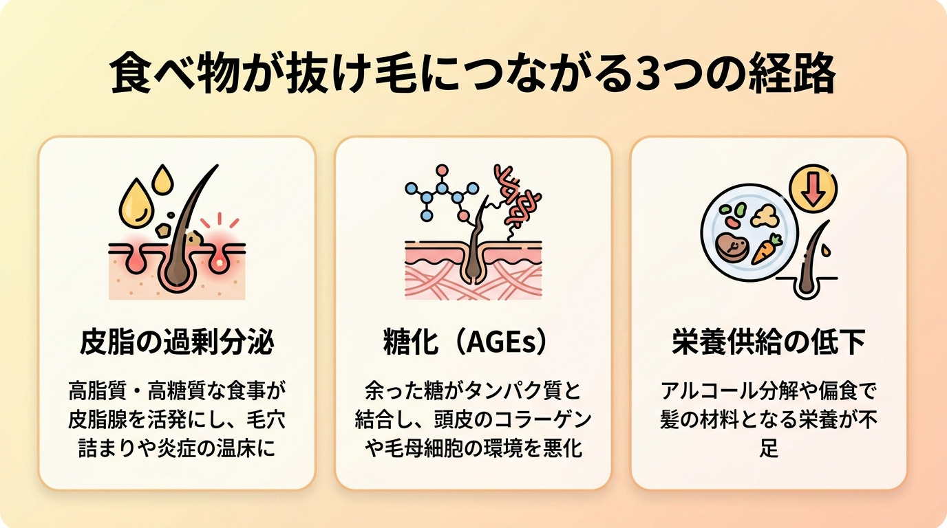 タイトル: 食べ物が抜け毛につながる3つの経路。横並び3カードで: カード1（皮脂のアイコン）ヘッダー: 皮脂の過剰分泌、説明: 高脂質・高糖質な食事が皮脂腺を活発にし、毛穴詰まりや炎症の温床に。カード2（糖のアイコン）ヘッダー: 糖化（AGEs）、説明: 余った糖がタンパク質と結合し、頭皮のコラーゲンや毛母細胞の環境を悪化。カード3（栄養のアイコン）ヘッダー: 栄養供給の低下、説明: アルコール分解や偏食で髪の材料となる栄養が不足