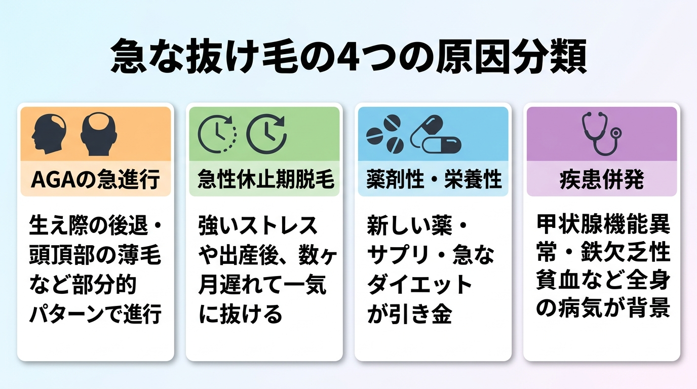 タイトル: 急な抜け毛の4つの原因分類。横並び4カード。カード1(頭部シルエットのアイコン)ヘッダー: AGAの急進行、説明: 生え際の後退・頭頂部の薄毛など部分的パターンで進行。カード2(時計のアイコン)ヘッダー: 急性休止期脱毛、説明: 強いストレスや出産後、数ヶ月遅れて一気に抜ける。カード3(錠剤のアイコン)ヘッダー: 薬剤性・栄養性、説明: 新しい薬・サプリ・急なダイエットが引き金。カード4(聴診器のアイコン)ヘッダー: 疾患併発、説明: 甲状腺機能異常・鉄欠乏性貧血など全身の病気が背景