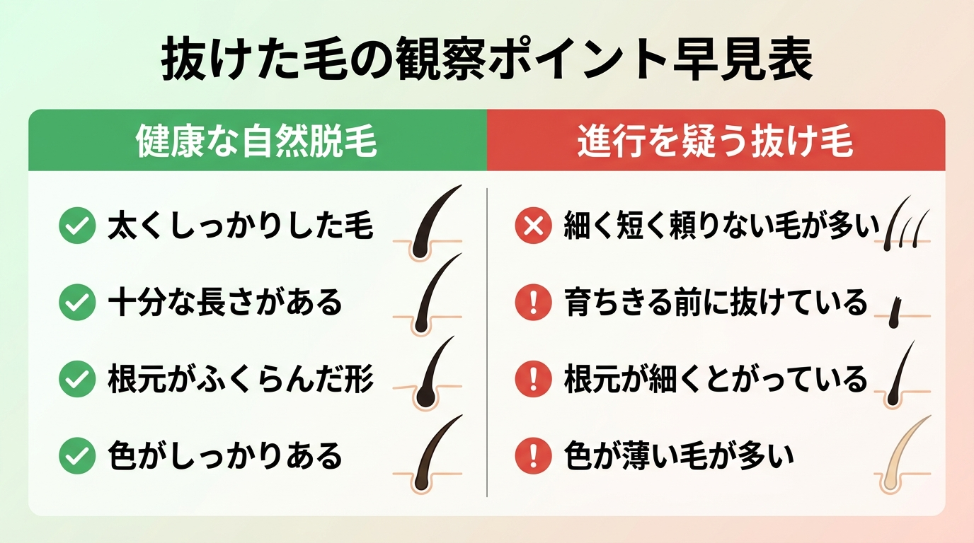 タイトル: 抜けた毛の観察ポイント早見表。2列の比較図。左カラム(緑・自然脱毛)ヘッダー『健康な自然脱毛』: 太くしっかりした毛/十分な長さがある/根元がふくらんだ形/色がしっかりある。右カラム(赤・要注意)ヘッダー『進行を疑う抜け毛』: 細く短く頼りない毛が多い/育ちきる前に抜けている/根元が細くとがっている/色が薄い毛が多い