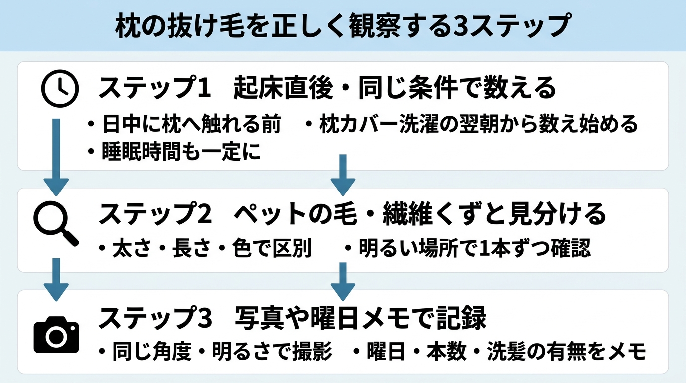 タイトル: 枕の抜け毛を正しく観察する3ステップ。縦フロー図で: ステップ1(時計のアイコン)起床直後・同じ条件で数える: 日中に枕へ触れる前、枕カバー洗濯の翌朝から数え始める、睡眠時間も一定に。ステップ2(虫めがねのアイコン)ペットの毛・繊維くずと見分ける: 太さ・長さ・色で区別、明るい場所で1本ずつ確認。ステップ3(カメラのアイコン)写真や曜日メモで記録: 同じ角度・明るさで撮影、曜日・本数・洗髪の有無をメモ