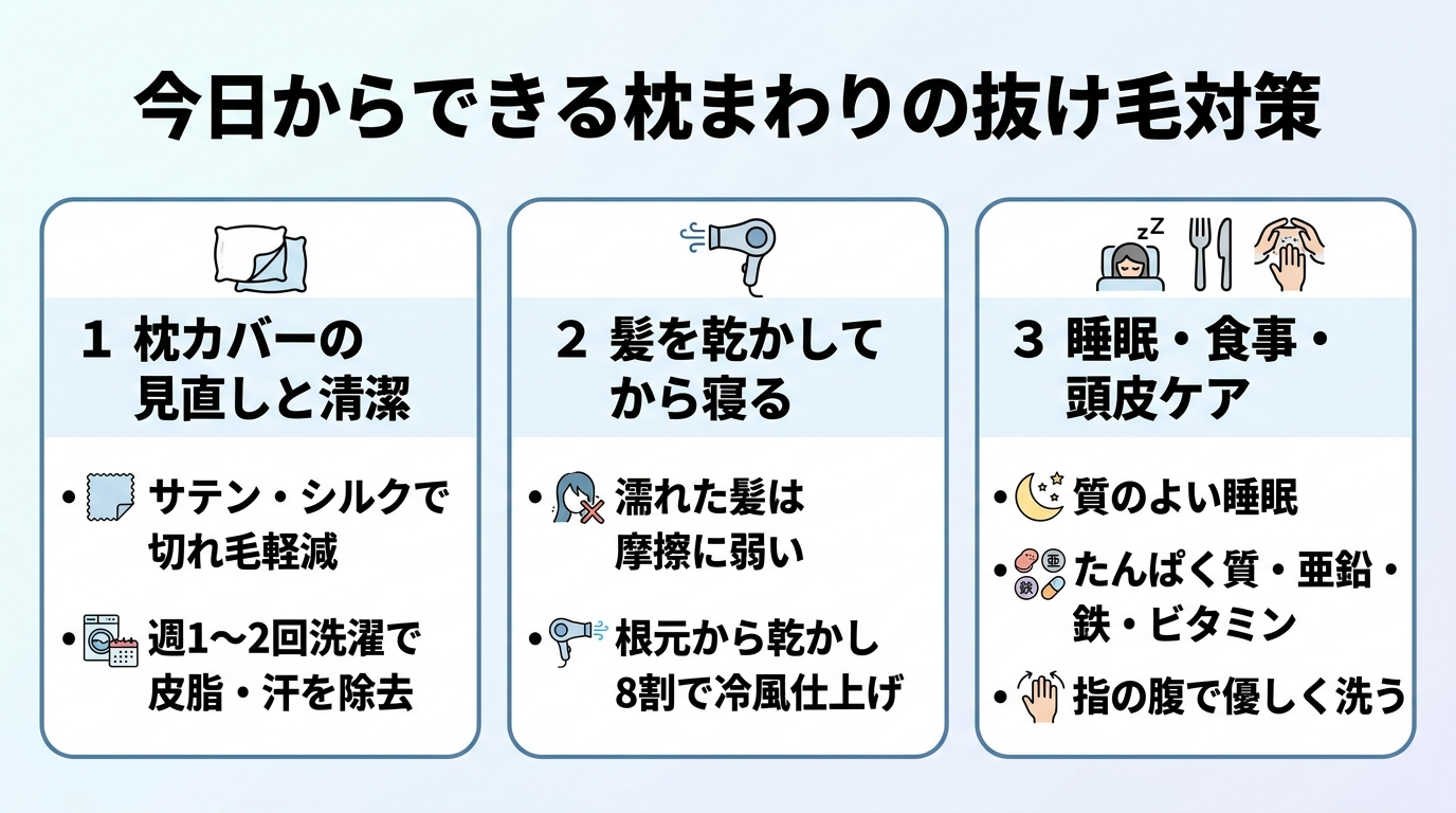 タイトル: 今日からできる枕まわりの抜け毛対策。横並び3カードで: カード1(枕カバーのアイコン)枕カバーの見直しと清潔: サテン・シルクで切れ毛軽減、週1〜2回洗濯で皮脂・汗を除去。カード2(ドライヤーのアイコン)髪を乾かしてから寝る: 濡れた髪は摩擦に弱い、根元から乾かし8割で冷風仕上げ。カード3(睡眠・食事のアイコン)睡眠・食事・頭皮ケア: 質のよい睡眠、たんぱく質・亜鉛・鉄・ビタミン、指の腹で優しく洗う