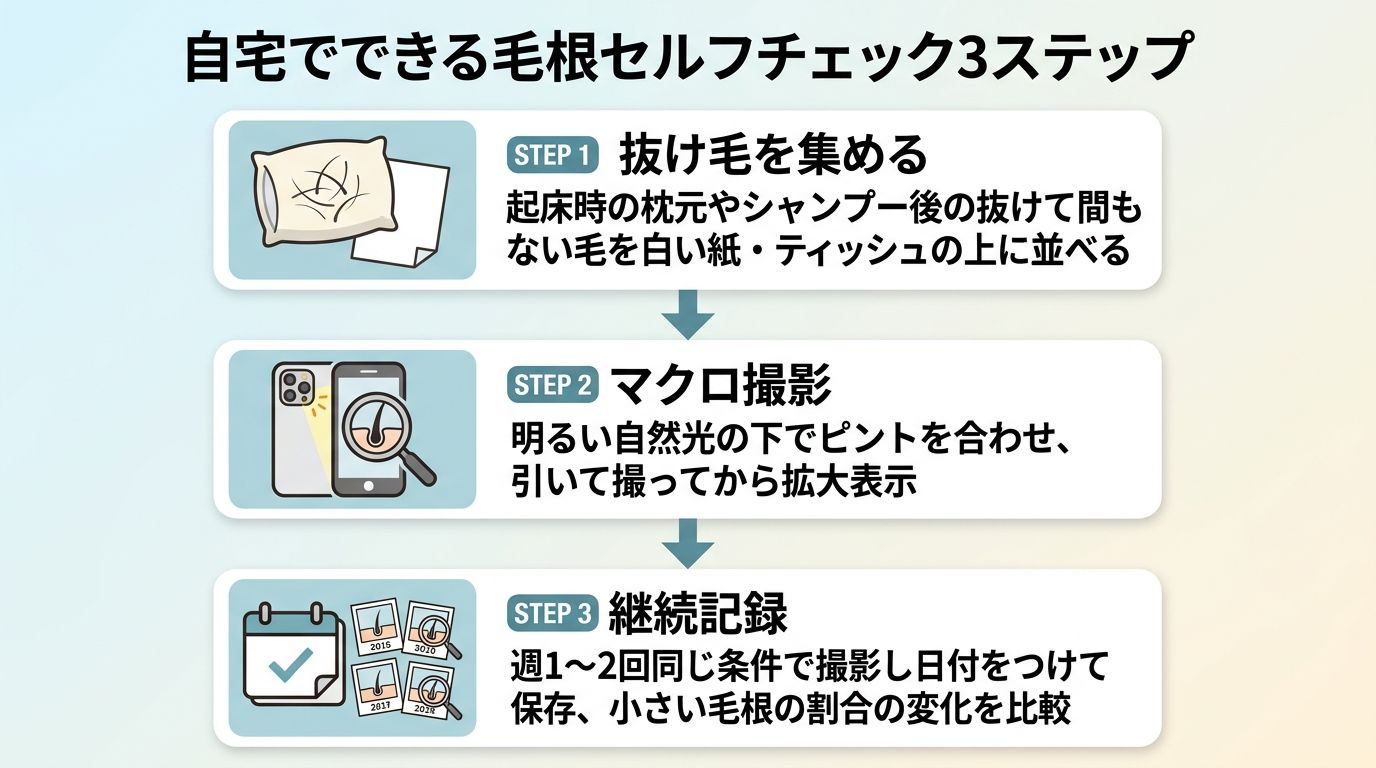 タイトル: 自宅でできる毛根セルフチェック3ステップ。縦フロー図: ステップ1(枕のアイコン)抜け毛を集める: 起床時の枕元やシャンプー後の抜けて間もない毛を白い紙・ティッシュの上に並べる。ステップ2(スマホカメラのアイコン)マクロ撮影: 明るい自然光の下でピントを合わせ、引いて撮ってから拡大表示。ステップ3(カレンダーのアイコン)継続記録: 週1〜2回同じ条件で撮影し日付をつけて保存、小さい毛根の割合の変化を比較。