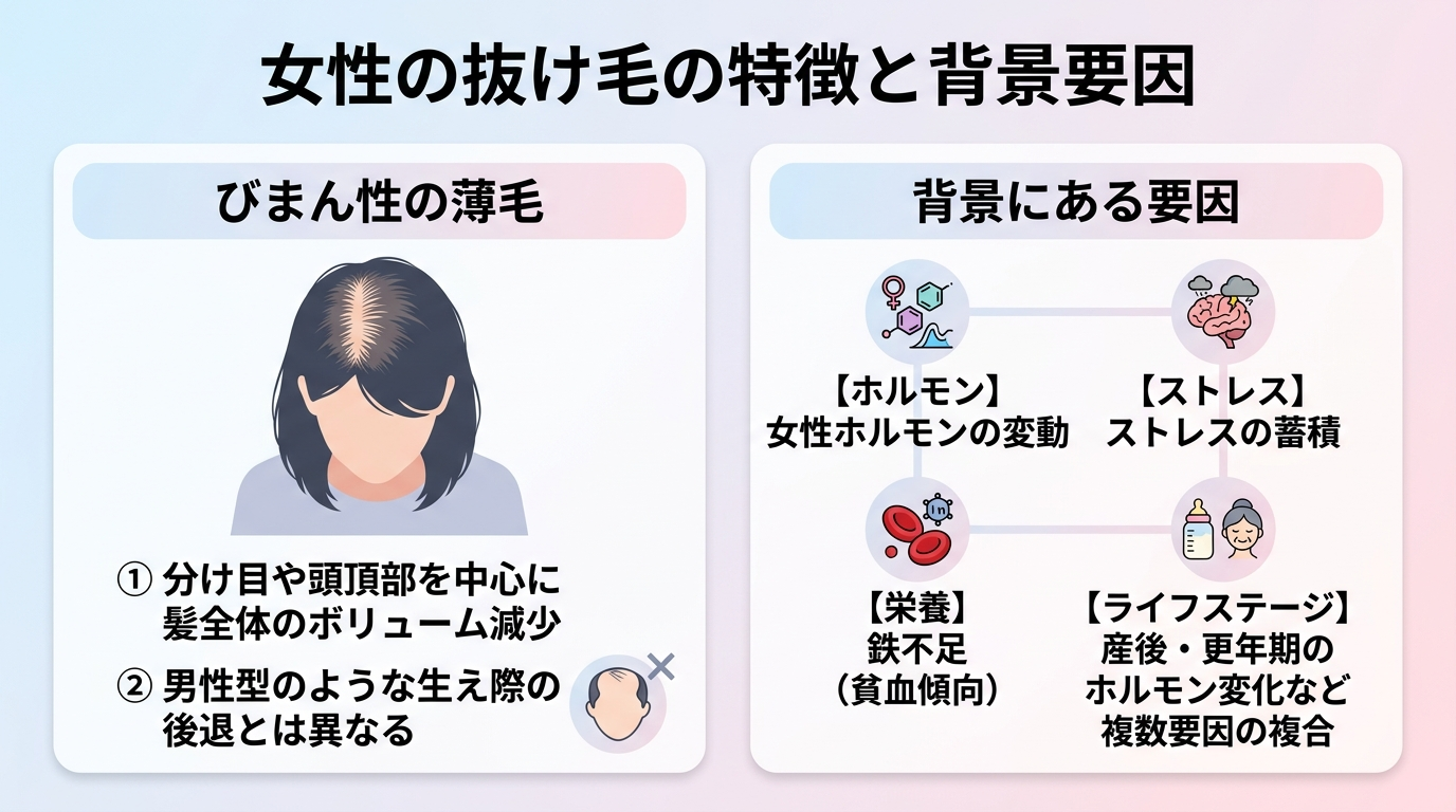 タイトル: 女性の抜け毛の特徴と背景要因。左右2カード構成: 左カード(頭頂部が薄い女性のシルエット)ヘッダー: びまん性の薄毛、説明: 分け目や頭頂部を中心に髪全体のボリュームが減る。男性型のような生え際の後退とは異なる。右カード(複数要因のアイコン)ヘッダー: 背景にある要因、説明: 女性ホルモンの変動、ストレス、鉄不足、産後・更年期のホルモン変化など複数が絡む。