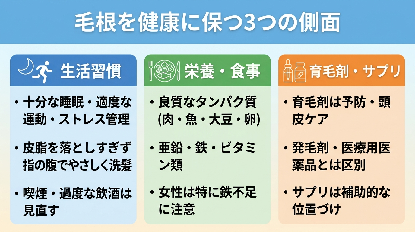 タイトル: 毛根を健康に保つ3つの側面。横並び3カード: カード1(睡眠と運動のアイコン)ヘッダー: 生活習慣、説明: 十分な睡眠・適度な運動・ストレス管理。皮脂を落としすぎず指の腹でやさしく洗髪。喫煙・過度な飲酒は見直す。カード2(食事のアイコン)ヘッダー: 栄養・食事、説明: 良質なタンパク質(肉・魚・大豆・卵)。亜鉛・鉄・ビタミン類。女性は特に鉄不足に注意。カード3(ボトルのアイコン)ヘッダー: 育毛剤・サプリ、説明: 育毛剤は予防・頭皮ケア。発毛剤・医療用医薬品とは区別。サプリは補助的な位置づけ。
