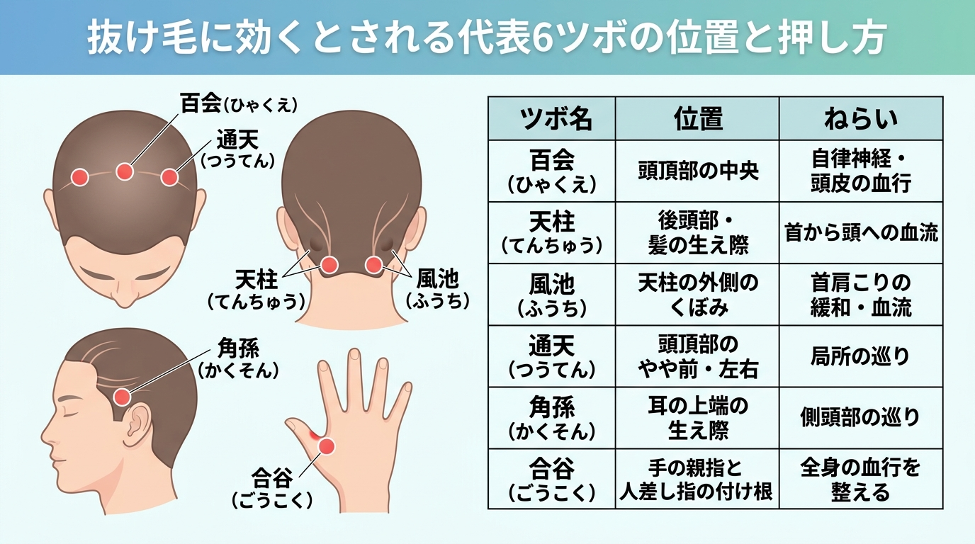 タイトル: 抜け毛に効くとされる代表6ツボの位置と押し方。頭部と手のイラストにツボ位置をマーカーで示す。3列の表: ヘッダー行: ツボ名 | 位置 | ねらい。行1: 百会(ひゃくえ) | 頭頂部の中央 | 自律神経・頭皮の血行。行2: 天柱(てんちゅう) | 後頭部・髪の生え際 | 首から頭への血流。行3: 風池(ふうち) | 天柱の外側のくぼみ | 首肩こりの緩和・血流。行4: 通天(つうてん) | 頭頂部のやや前・左右 | 局所の巡り。行5: 角孫(かくそん) | 耳の上端の生え際 | 側頭部の巡り。行6: 合谷(ごうこく) | 手の親指と人差し指の付け根 | 全身の血行を整える