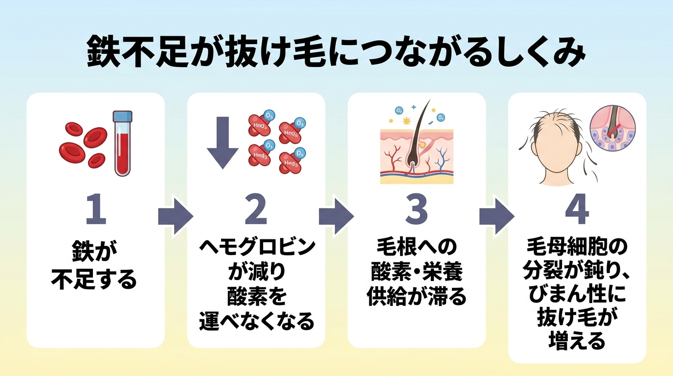 タイトル: 鉄不足が抜け毛につながるしくみ。縦フロー図4ステップ: ステップ1(血液のアイコン)鉄が不足する。ステップ2(下向き矢印)ヘモグロビンが減り酸素を運べなくなる。ステップ3(毛根のアイコン)毛根への酸素・栄養供給が滞る。ステップ4(抜け毛のアイコン)毛母細胞の分裂が鈍り、びまん性に抜け毛が増える。