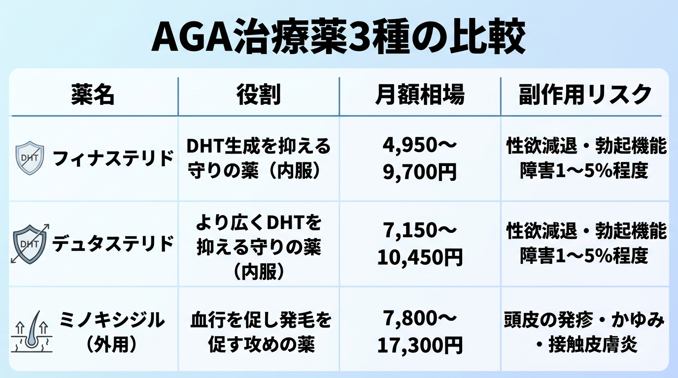 タイトル: AGA治療薬3種の比較。4列の表: ヘッダー行: 薬名 | 役割 | 月額相場 | 副作用リスク。行1: フィナステリド | DHT生成を抑える守りの薬（内服） | 4,950〜9,700円 | 性欲減退・勃起機能障害1〜5%程度。行2: デュタステリド | より広くDHTを抑える守りの薬（内服） | 7,150〜10,450円 | 性欲減退・勃起機能障害1〜5%程度。行3: ミノキシジル（外用） | 血行を促し発毛を促す攻めの薬 | 7,800〜17,300円 | 頭皮の発疹・かゆみ・接触皮膚炎。