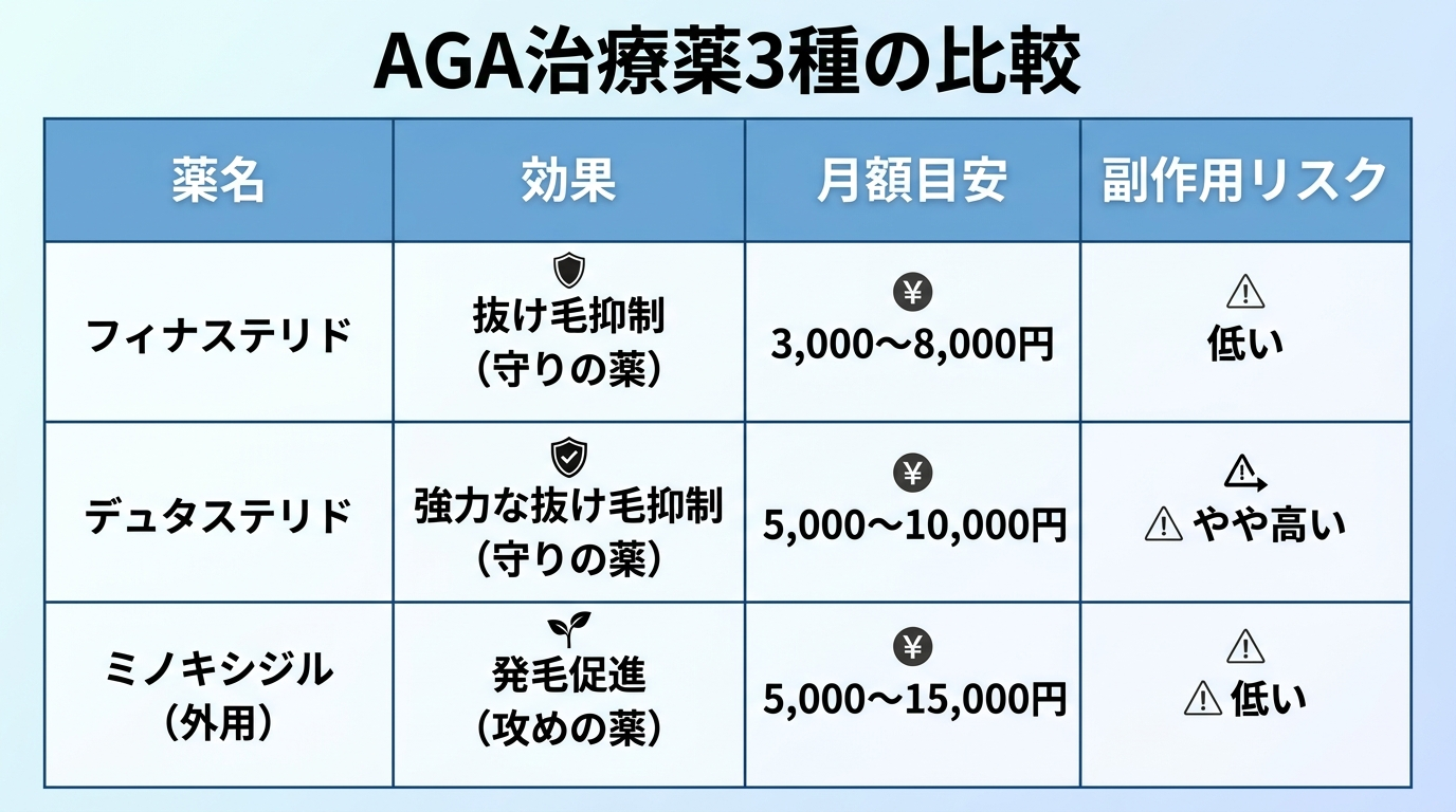 タイトル: AGA治療薬3種の比較。4列の表: ヘッダー行: 薬名 | 効果 | 月額目安 | 副作用リスク。行1: フィナステリド | 抜け毛抑制（守りの薬） | 3,000〜8,000円 | 低い。行2: デュタステリド | 強力な抜け毛抑制（守りの薬） | 5,000〜10,000円 | やや高い。行3: ミノキシジル（外用） | 発毛促進（攻めの薬） | 5,000〜15,000円 | 低い
