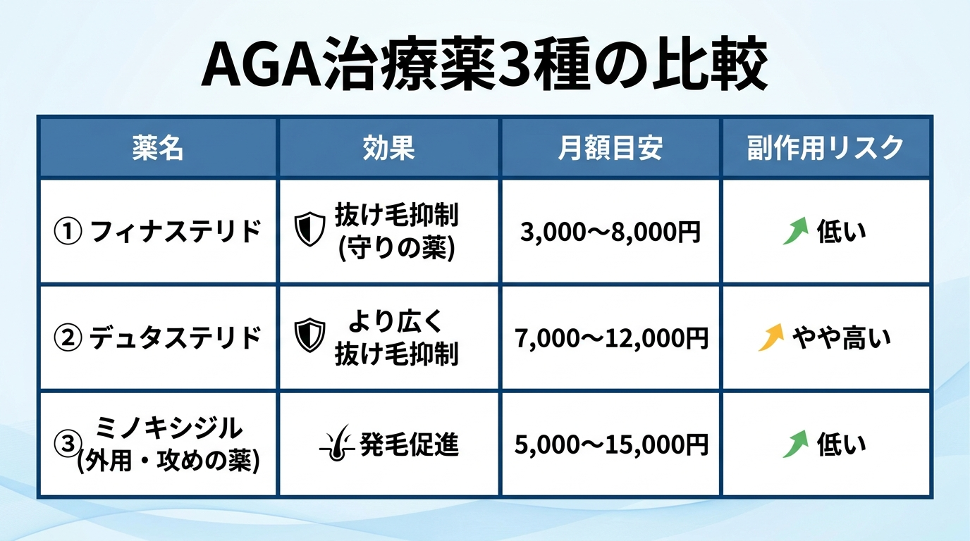 タイトル: AGA治療薬3種の比較。4列の表: ヘッダー行: 薬名 | 効果 | 月額目安 | 副作用リスク。行1: フィナステリド | 抜け毛抑制(守りの薬) | 3,000〜8,000円 | 低い。行2: デュタステリド | より広く抜け毛抑制 | 7,000〜12,000円 | やや高い。行3: ミノキシジル(外用・攻めの薬) | 発毛促進 | 5,000〜15,000円 | 低い