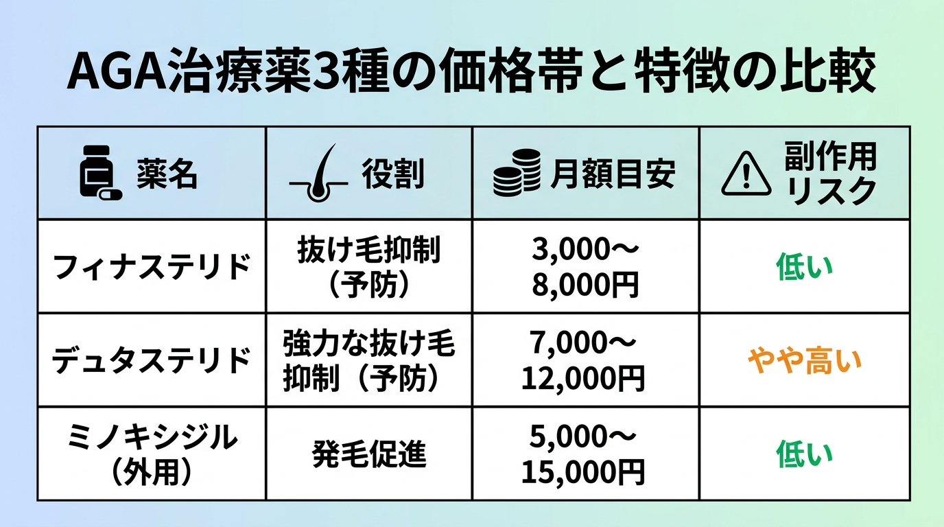 タイトル: AGA治療薬3種の価格帯と特徴の比較。4列の表: ヘッダー行: 薬名 | 役割 | 月額目安 | 副作用リスク。行1: フィナステリド | 抜け毛抑制（予防） | 3,000〜8,000円 | 低い。行2: デュタステリド | 強力な抜け毛抑制（予防） | 7,000〜12,000円 | やや高い。行3: ミノキシジル（外用） | 発毛促進 | 5,000〜15,000円 | 低い