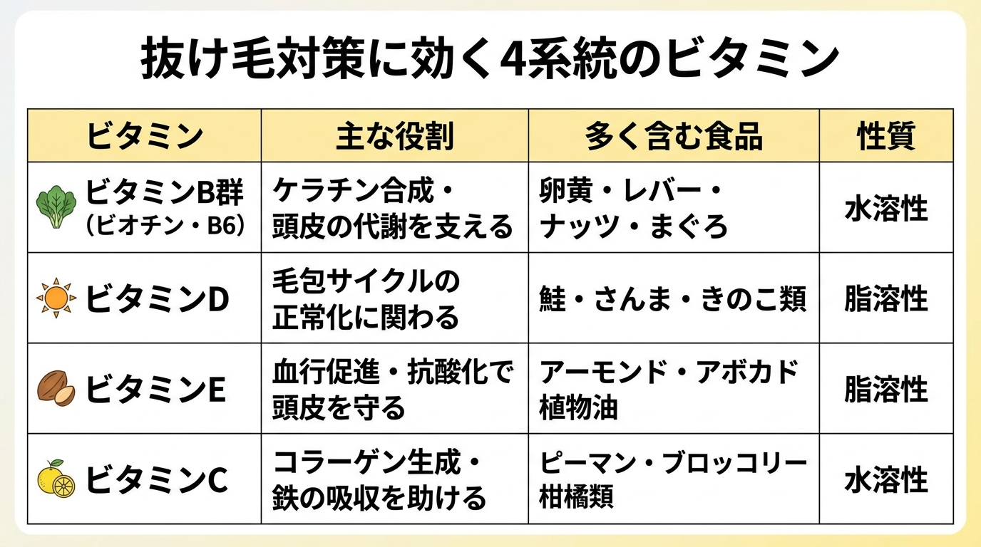 タイトル: 抜け毛対策に効く4系統のビタミン。4列の表: ヘッダー行: ビタミン | 主な役割 | 多く含む食品 | 性質。行1: ビタミンB群(ビオチン・B6) | ケラチン合成・頭皮の代謝を支える | 卵黄・レバー・ナッツ・まぐろ | 水溶性。行2: ビタミンD | 毛包サイクルの正常化に関わる | 鮭・さんま・きのこ類 | 脂溶性。行3: ビタミンE | 血行促進・抗酸化で頭皮を守る | アーモンド・アボカド・植物油 | 脂溶性。行4: ビタミンC | コラーゲン生成・鉄の吸収を助ける | ピーマン・ブロッコリー・柑橘類 | 水溶性