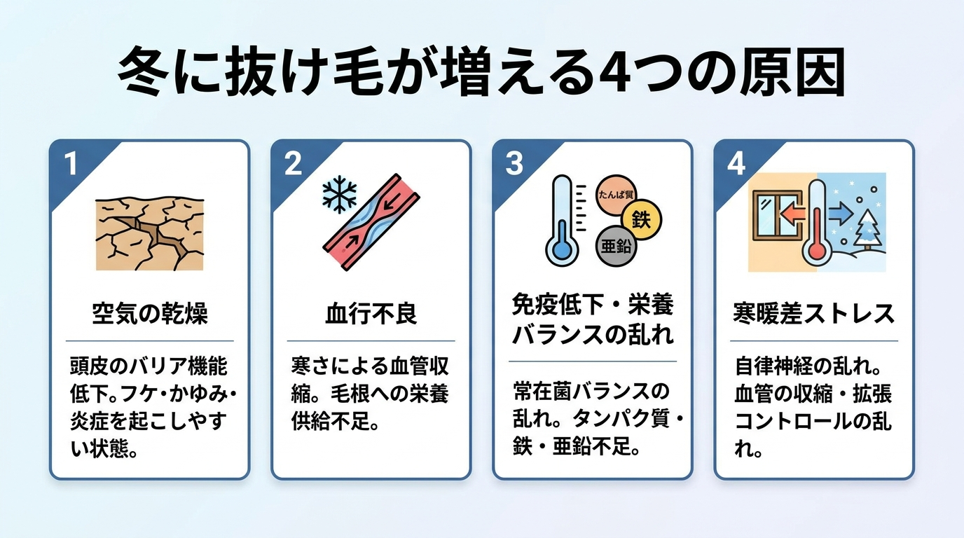 タイトル: 冬に抜け毛が増える4つの原因。横並び4カードで: カード1(乾いた地面のアイコン)空気の乾燥: 頭皮のバリア機能が低下しフケ・かゆみ・炎症を起こしやすくなる。カード2(血管のアイコン)血行不良: 寒さで血管が収縮し毛根に栄養が届きにくくなる。カード3(体温計のアイコン)免疫低下・栄養バランスの乱れ: 常在菌バランスが乱れタンパク質・鉄・亜鉛が不足しやすい。カード4(気温差のアイコン)寒暖差ストレス: 自律神経が乱れ血管の収縮・拡張のコントロールが乱れる