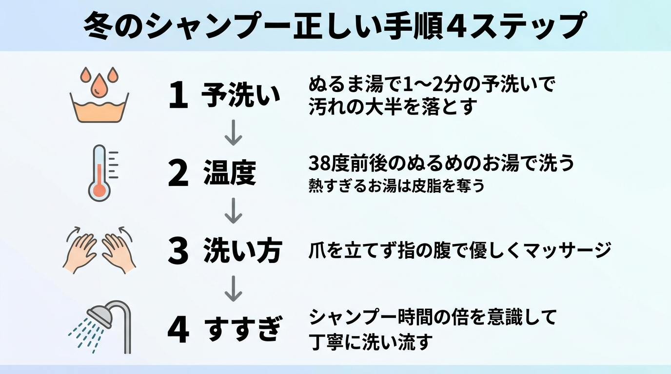 タイトル: 冬のシャンプー正しい手順4ステップ。縦並びフロー図で: ステップ1(お湯のアイコン)予洗い: ぬるま湯で1〜2分の予洗いで汚れの大半を落とす。ステップ2(温度計のアイコン)温度: 38度前後のぬるめのお湯で洗う。熱すぎるお湯は皮脂を奪う。ステップ3(手のアイコン)洗い方: 爪を立てず指の腹で優しくマッサージ。ステップ4(シャワーのアイコン)すすぎ: シャンプー時間の倍を意識して丁寧に洗い流す
