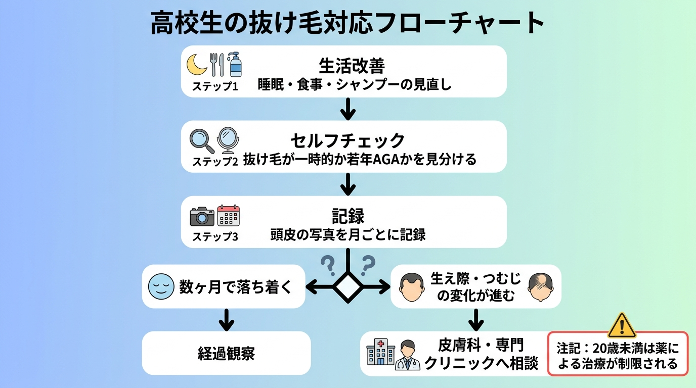 タイトル: 高校生の抜け毛対応フローチャート。縦フロー図: ステップ1(生活改善)睡眠・食事・シャンプーの見直し → ステップ2(セルフチェック)抜け毛が一時的か若年AGAかを見分ける → ステップ3(記録)頭皮の写真を月ごとに記録 → 分岐: 数ヶ月で落ち着く→経過観察 / 生え際・つむじの変化が進む→皮膚科・専門クリニックへ相談。20歳未満は薬による治療が制限される旨を注記