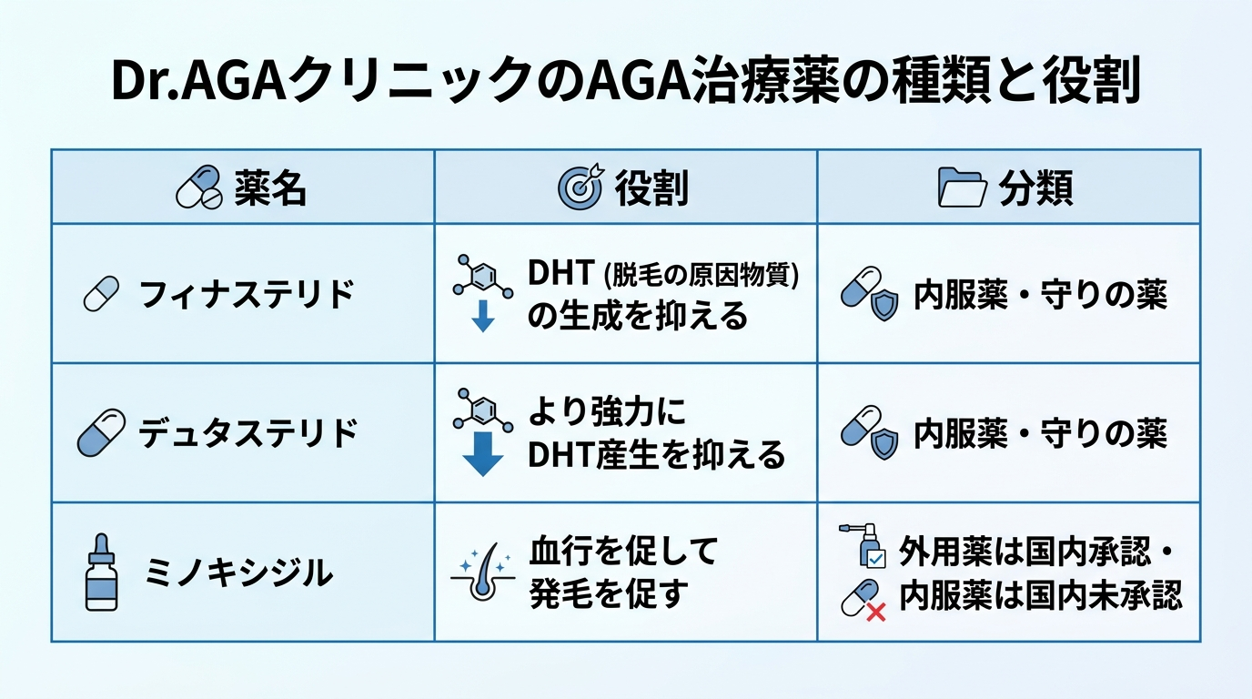タイトル: Dr.AGAクリニックのAGA治療薬の種類と役割。3列の表: ヘッダー行: 薬名 | 役割 | 分類。行1: フィナステリド | DHT（脱毛の原因物質）の生成を抑える | 内服薬・守りの薬。行2: デュタステリド | より強力にDHT産生を抑える | 内服薬・守りの薬。行3: ミノキシジル | 血行を促して発毛を促す | 外用薬は国内承認・内服薬は国内未承認