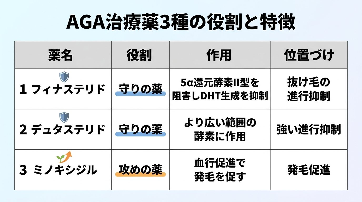 タイトル: AGA治療薬3種の役割と特徴。4列の表: ヘッダー行: 薬名 | 役割 | 作用 | 位置づけ。行1: フィナステリド | 守りの薬 | 5α還元酵素II型を阻害しDHT生成を抑制 | 抜け毛の進行抑制。行2: デュタステリド | 守りの薬 | より広い範囲の酵素に作用 | 強い進行抑制。行3: ミノキシジル | 攻めの薬 | 血行促進で発毛を促す | 発毛促進