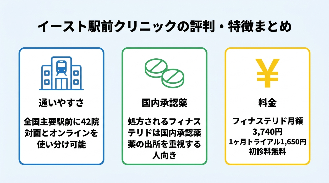 タイトル: イースト駅前クリニックの評判・特徴まとめ。横並び3カードで: カード1（駅アイコン）ヘッダー: 通いやすさ、説明: 全国主要駅前に42院、対面とオンラインを使い分け可能。カード2（錠剤アイコン）ヘッダー: 国内承認薬、説明: 処方されるフィナステリドは国内承認薬で薬の出所を重視する人向き。カード3（円マークアイコン）ヘッダー: 料金、説明: フィナステリド月額3,740円、1ヶ月トライアル1,650円、初診料無料