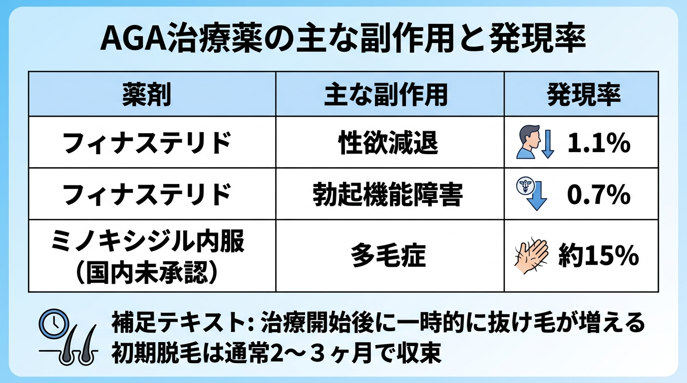 タイトル: AGA治療薬の主な副作用と発現率。3列の表: ヘッダー行: 薬剤 | 主な副作用 | 発現率。行1: フィナステリド | 性欲減退 | 1.1%。行2: フィナステリド | 勃起機能障害 | 0.7%。行3: ミノキシジル内服（国内未承認） | 多毛症 | 約15%。補足テキスト: 治療開始後に一時的に抜け毛が増える初期脱毛は通常2〜3ヶ月で収束