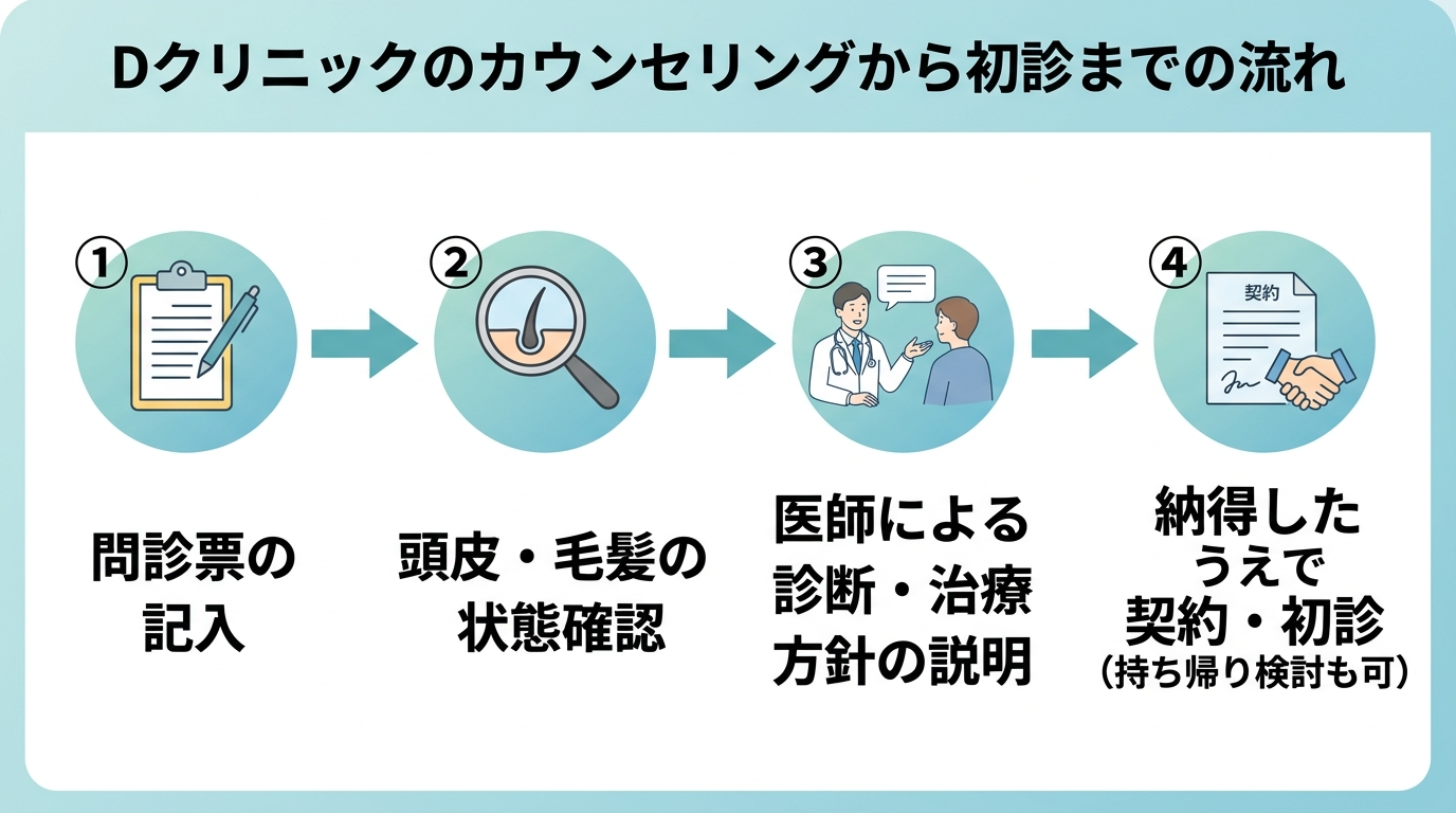 タイトル: Dクリニックのカウンセリングから初診までの流れ。4ステップの横フロー図: ステップ1: 問診票の記入。ステップ2: 頭皮・毛髪の状態確認。ステップ3: 医師による診断・治療方針の説明。ステップ4: 納得したうえで契約・初診(持ち帰り検討も可)。