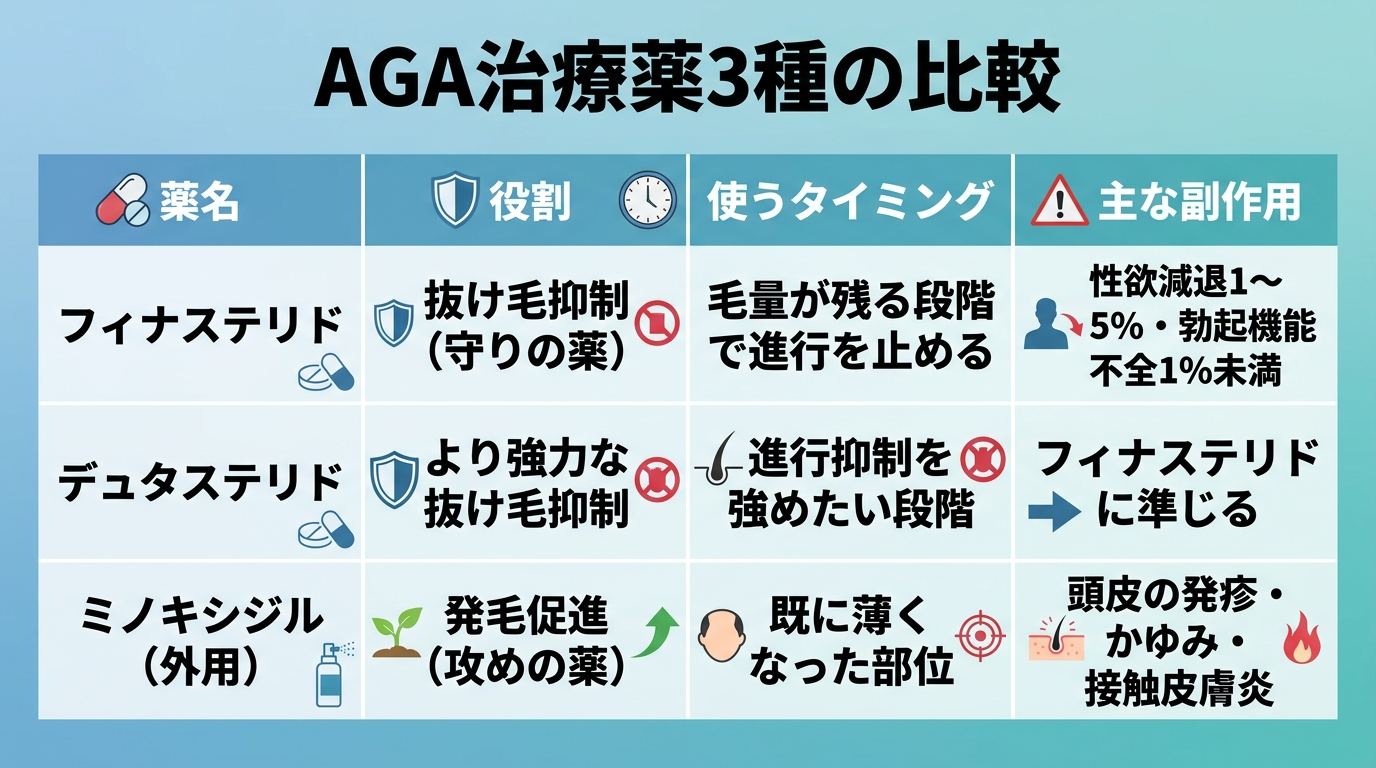 タイトル: AGA治療薬3種の比較。4列の表: ヘッダー行: 薬名 | 役割 | 使うタイミング | 主な副作用。行1: フィナステリド | 抜け毛抑制(守りの薬) | 毛量が残る段階で進行を止める | 性欲減退1〜5%・勃起機能不全1%未満。行2: デュタステリド | より強力な抜け毛抑制 | 進行抑制を強めたい段階 | フィナステリドに準じる。行3: ミノキシジル(外用) | 発毛促進(攻めの薬) | 既に薄くなった部位 | 頭皮の発疹・かゆみ・接触皮膚炎