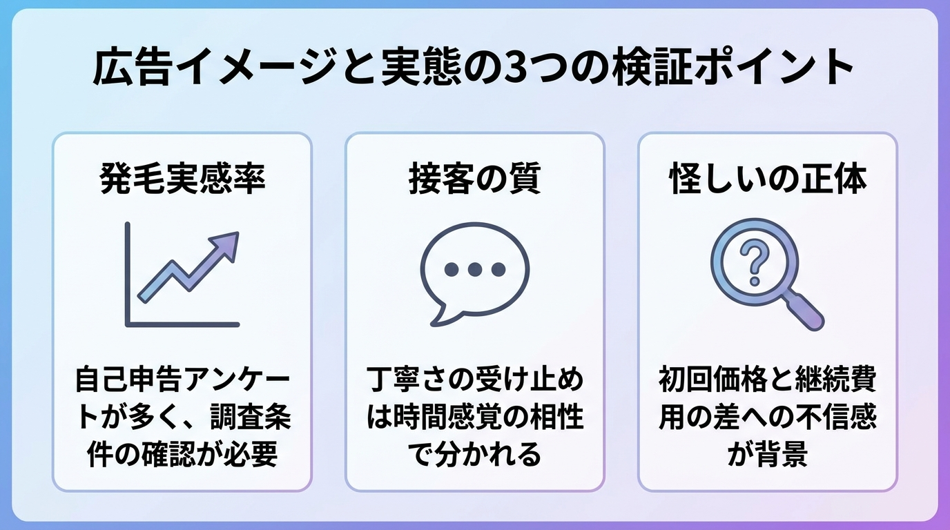タイトル: 広告イメージと実態の3つの検証ポイント。横並び3カードで: カード1(グラフのアイコン)ヘッダー: 発毛実感率, 説明: 自己申告アンケートが多く、調査条件の確認が必要。カード2(吹き出しのアイコン)ヘッダー: 接客の質, 説明: 丁寧さの受け止めは時間感覚の相性で分かれる。カード3(虫眼鏡のアイコン)ヘッダー: 怪しいの正体, 説明: 初回価格と継続費用の差への不信感が背景