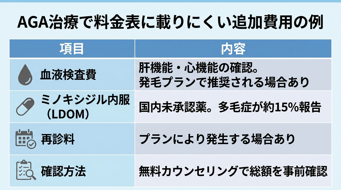 タイトル: AGA治療で料金表に載りにくい追加費用の例。2列の表: ヘッダー行: 項目 | 内容。行1: 血液検査費 | 肝機能・心機能の確認。発毛プランで推奨される場合あり。行2: ミノキシジル内服(LDOM) | 国内未承認薬。多毛症が約15%報告。行3: 再診料 | プランにより発生する場合あり。行4: 確認方法 | 無料カウンセリングで総額を事前確認