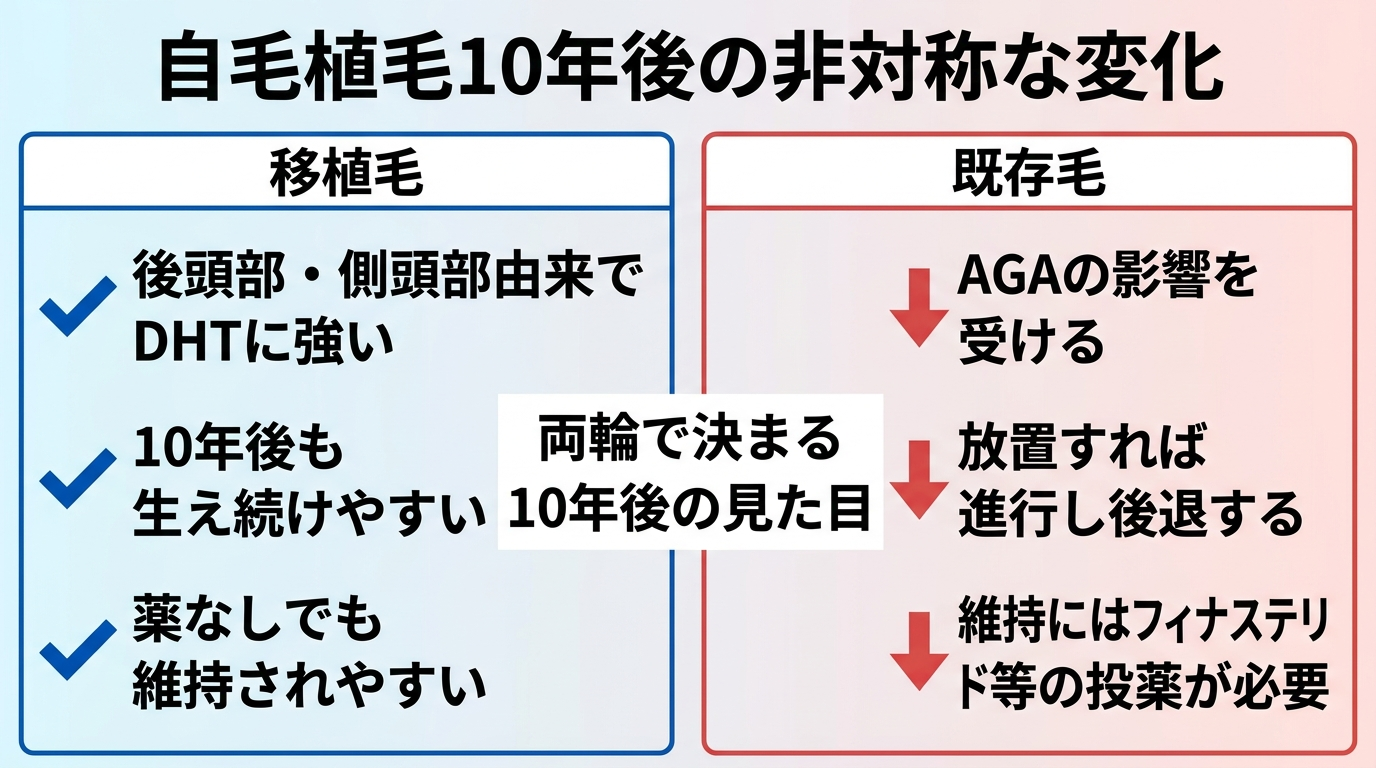 タイトル: 自毛植毛10年後の非対称な変化。左右2カラムの対比図。左カラム(青・チェックマーク)ヘッダー: 移植毛、説明: 後頭部・側頭部由来でDHTに強い。10年後も生え続けやすい。薬なしでも維持されやすい。右カラム(赤・下向き矢印)ヘッダー: 既存毛、説明: AGAの影響を受ける。放置すれば進行し後退する。維持にはフィナステリド等の投薬が必要。中央に『両輪で決まる10年後の見た目』のキャプション