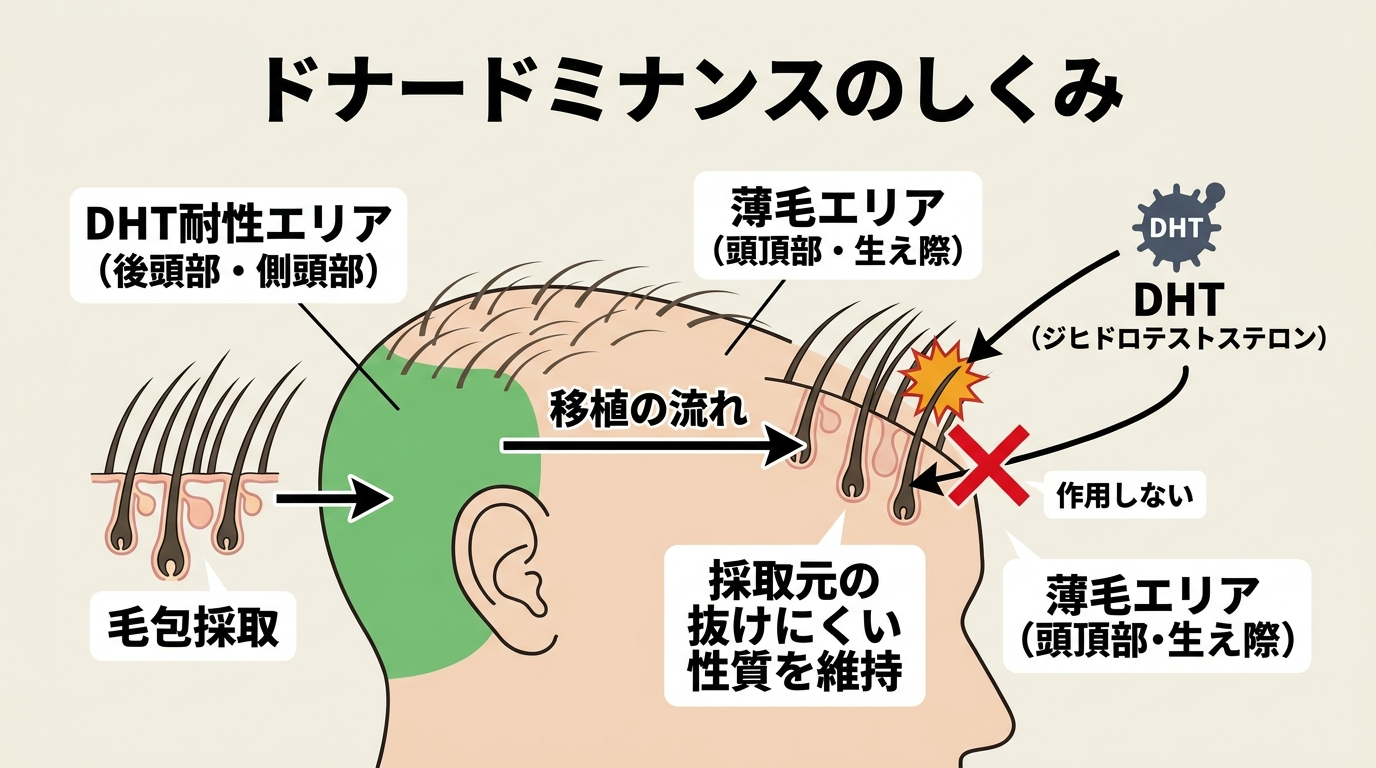 タイトル: ドナードミナンスのしくみ。頭部の断面イラストで、後頭部・側頭部(緑・DHT耐性エリア)から毛包を採取し、頭頂部・生え際(薄毛エリア)へ矢印で移植する流れ図。移植後の毛包に『採取元の抜けにくい性質を維持』のキャプション。DHTのアイコンが頭頂部の既存毛には作用するが、移植毛にはバツ印で作用しないことを示す