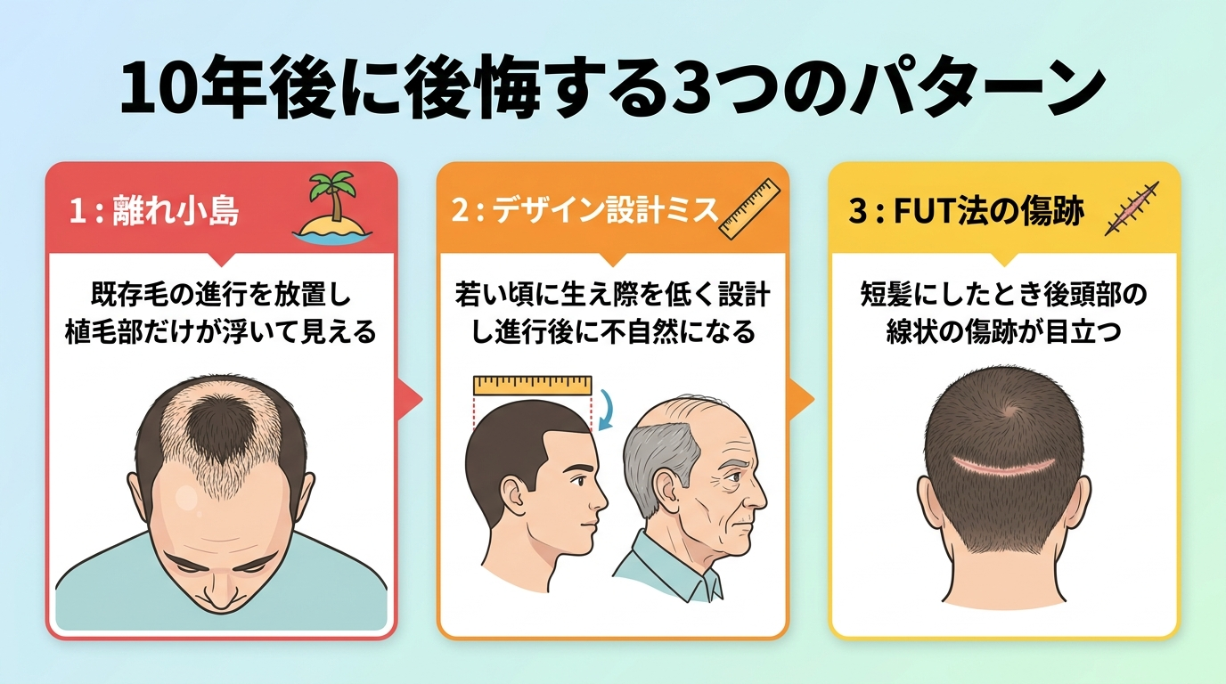 タイトル: 10年後に後悔する3つのパターン。横並び3カードで。カード1(島のアイコン・赤)ヘッダー: 離れ小島、説明: 既存毛の進行を放置し植毛部だけが浮いて見える。カード2(定規のアイコン・オレンジ)ヘッダー: デザイン設計ミス、説明: 若い頃に生え際を低く設計し進行後に不自然になる。カード3(傷跡のアイコン・黄)ヘッダー: FUT法の傷跡、説明: 短髪にしたとき後頭部の線状の傷跡が目立つ