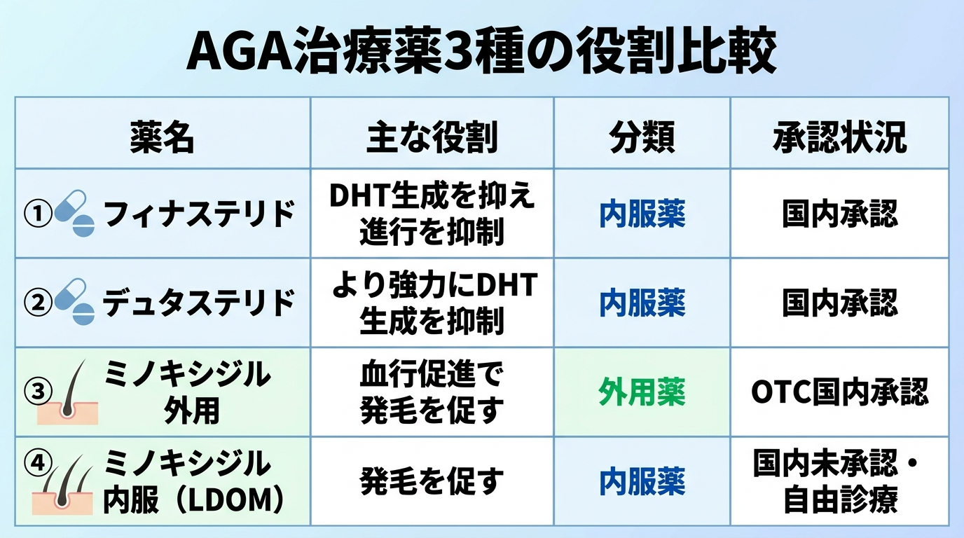 タイトル: AGA治療薬3種の役割比較。4列の表。ヘッダー行: 薬名 | 主な役割 | 分類 | 承認状況。行1: フィナステリド | DHT生成を抑え進行を抑制 | 内服薬 | 国内承認。行2: デュタステリド | より強力にDHT生成を抑制 | 内服薬 | 国内承認。行3: ミノキシジル外用 | 血行促進で発毛を促す | 外用薬 | OTC国内承認。行4: ミノキシジル内服(LDOM) | 発毛を促す | 内服薬 | 国内未承認・自由診療