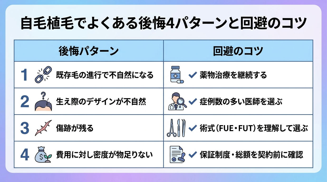 タイトル: 自毛植毛でよくある後悔4パターンと回避のコツ。2列の表: ヘッダー行: 後悔パターン | 回避のコツ。行1: 既存毛の進行で不自然になる | 薬物治療を継続する。行2: 生え際のデザインが不自然 | 症例数の多い医師を選ぶ。行3: 傷跡が残る | 術式(FUE・FUT)を理解して選ぶ。行4: 費用に対し密度が物足りない | 保証制度・総額を契約前に確認