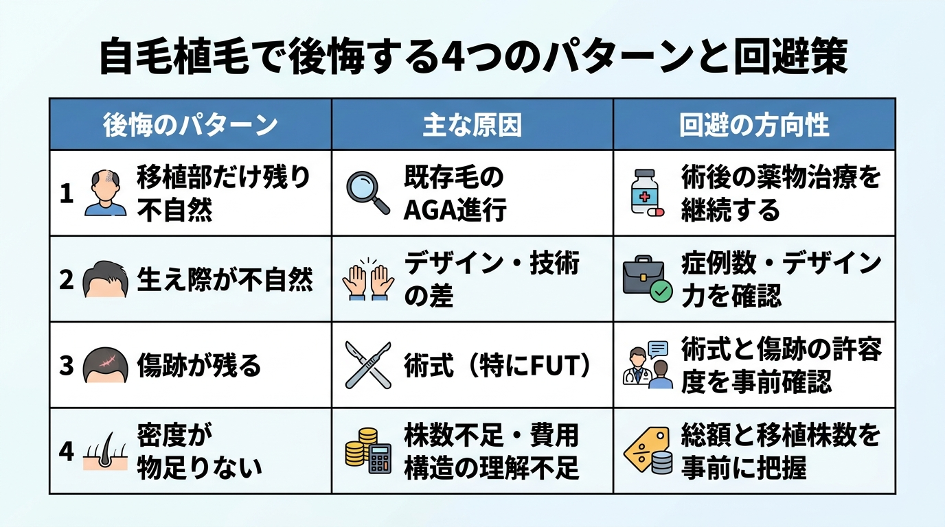 タイトル: 自毛植毛で後悔する4つのパターンと回避策。3列の表: ヘッダー行: 後悔のパターン | 主な原因 | 回避の方向性。行1: 移植部だけ残り不自然 | 既存毛のAGA進行 | 術後の薬物治療を継続する。行2: 生え際が不自然 | デザイン・技術の差 | 症例数・デザイン力を確認。行3: 傷跡が残る | 術式(特にFUT) | 術式と傷跡の許容度を事前確認。行4: 密度が物足りない | 株数不足・費用構造の理解不足 | 総額と移植株数を事前に把握