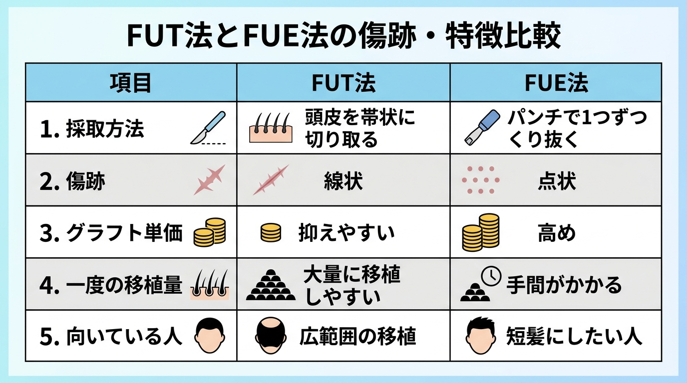 タイトル: FUT法とFUE法の傷跡・特徴比較。3列の表: ヘッダー行: 項目 | FUT法 | FUE法。行1: 採取方法 | 頭皮を帯状に切り取る | パンチで1つずつくり抜く。行2: 傷跡 | 線状 | 点状。行3: グラフト単価 | 抑えやすい | 高め。行4: 一度の移植量 | 大量に移植しやすい | 手間がかかる。行5: 向いている人 | 広範囲の移植 | 短髪にしたい人
