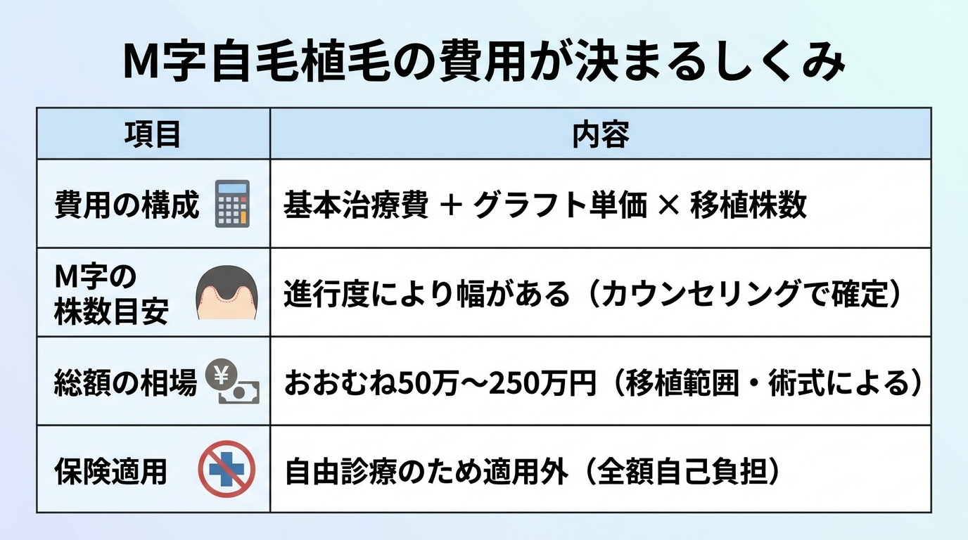 タイトル: M字自毛植毛の費用が決まるしくみ。4行の縦並び表: ヘッダー行: 項目 | 内容。行1: 費用の構成 | 基本治療費 + グラフト単価 × 移植株数。行2: M字の株数目安 | 進行度により幅がある(カウンセリングで確定)。行3: 総額の相場 | おおむね50万〜250万円(移植範囲・術式による)。行4: 保険適用 | 自由診療のため適用外(全額自己負担)