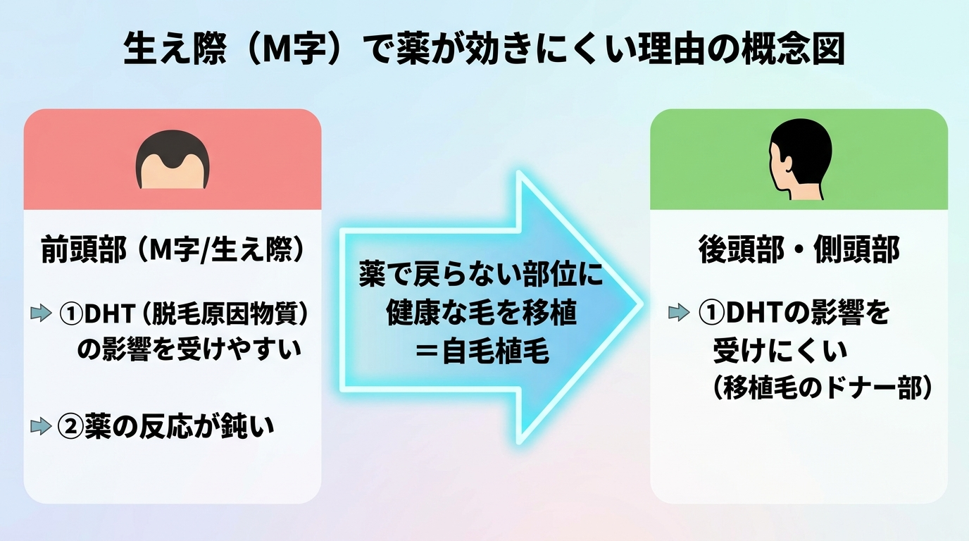 タイトル: 生え際(M字)で薬が効きにくい理由の概念図。左側に前頭部(M字/生え際): DHT(脱毛原因物質)の影響を受けやすく薬の反応が鈍い、と表示。右側に後頭部・側頭部: DHTの影響を受けにくい(移植毛のドナー部)と表示。中央に矢印で『薬で戻らない部位に健康な毛を移植=自毛植毛』と流れを示すフロー図