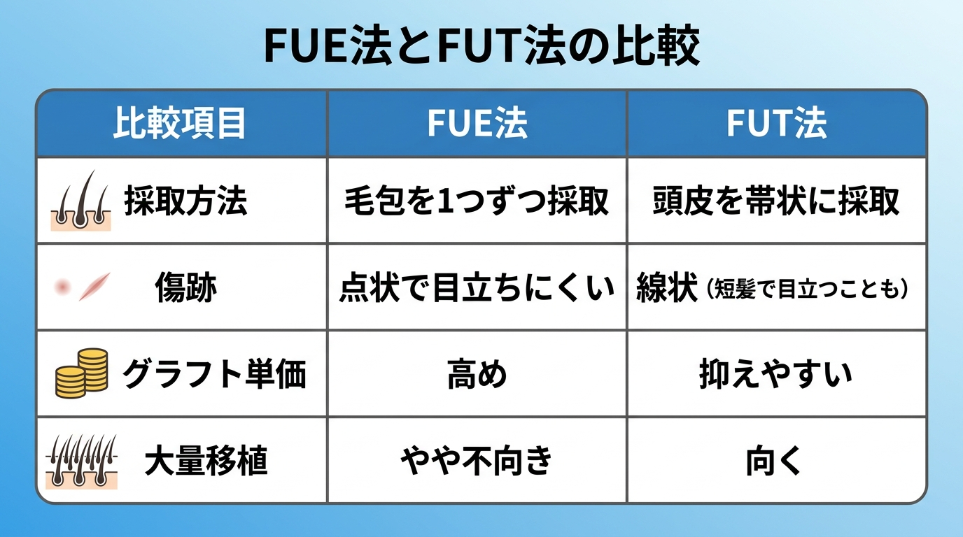 タイトル: FUE法とFUT法の比較。4列の表: ヘッダー行: 比較項目 | FUE法 | FUT法。行1: 採取方法 | 毛包を1つずつ採取 | 頭皮を帯状に採取。行2: 傷跡 | 点状で目立ちにくい | 線状(短髪で目立つことも)。行3: グラフト単価 | 高め | 抑えやすい。行4: 大量移植 | やや不向き | 向く