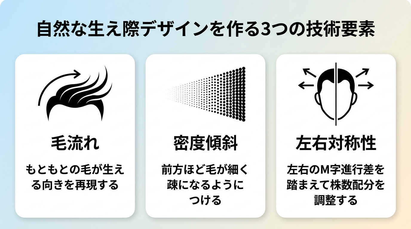 タイトル: 自然な生え際デザインを作る3つの技術要素。横並び3カードで: カード1(矢印のアイコン)ヘッダー: 毛流れ、説明: もともとの毛が生える向きを再現する。カード2(グラデーションのアイコン)ヘッダー: 密度傾斜、説明: 前方ほど毛が細く疎になるようにつける。カード3(左右対称のアイコン)ヘッダー: 左右対称性、説明: 左右のM字進行差を踏まえて株数配分を調整する