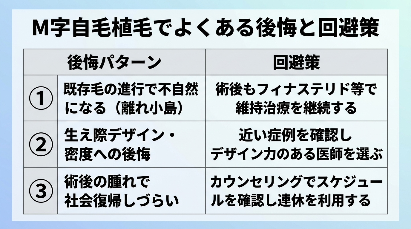 タイトル: M字自毛植毛でよくある後悔と回避策。3行の表: ヘッダー行: 後悔パターン | 回避策。行1: 既存毛の進行で不自然になる(離れ小島) | 術後もフィナステリド等で維持治療を継続する。行2: 生え際デザイン・密度への後悔 | 近い症例を確認しデザイン力のある医師を選ぶ。行3: 術後の腫れで社会復帰しづらい | カウンセリングでスケジュールを確認し連休を利用する
