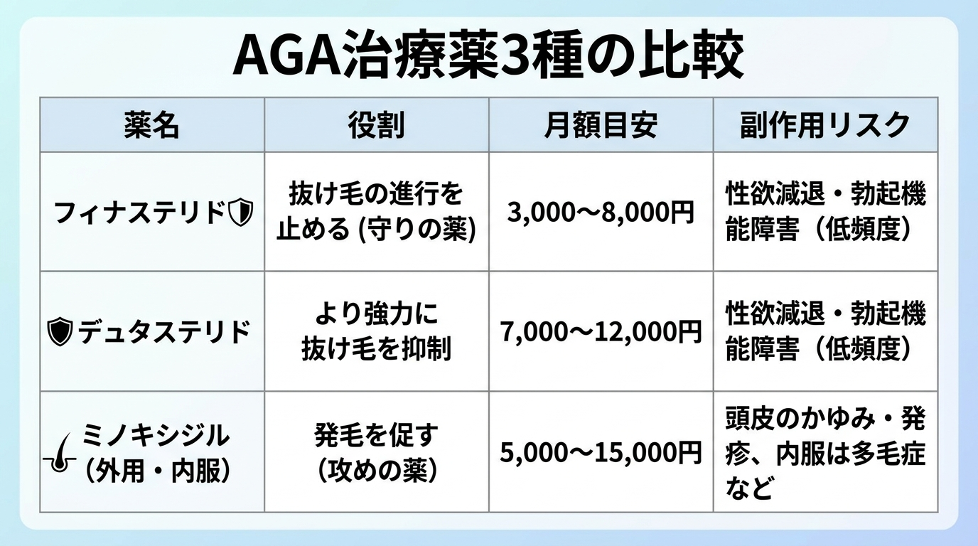 タイトル: AGA治療薬3種の比較。4列の表: ヘッダー行: 薬名 | 役割 | 月額目安 | 副作用リスク。行1: フィナステリド | 抜け毛の進行を止める（守りの薬） | 3,000〜8,000円 | 性欲減退・勃起機能障害（低頻度）。行2: デュタステリド | より強力に抜け毛を抑制 | 7,000〜12,000円 | 性欲減退・勃起機能障害（低頻度）。行3: ミノキシジル（外用・内服） | 発毛を促す（攻めの薬） | 5,000〜15,000円 | 頭皮のかゆみ・発疹、内服は多毛症など