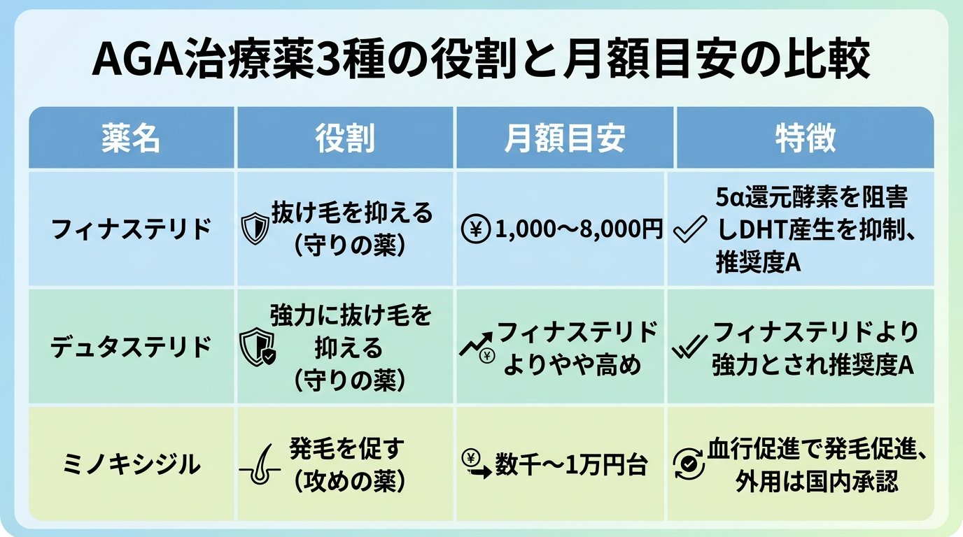 タイトル: AGA治療薬3種の役割と月額目安の比較。4列の表: ヘッダー行: 薬名 | 役割 | 月額目安 | 特徴。行1: フィナステリド | 抜け毛を抑える（守りの薬） | 1,000〜8,000円 | 5α還元酵素を阻害しDHT産生を抑制、推奨度A。行2: デュタステリド | 強力に抜け毛を抑える（守りの薬） | フィナステリドよりやや高め | フィナステリドより強力とされ推奨度A。行3: ミノキシジル | 発毛を促す（攻めの薬） | 数千〜1万円台 | 血行促進で発毛促進、外用は国内承認。