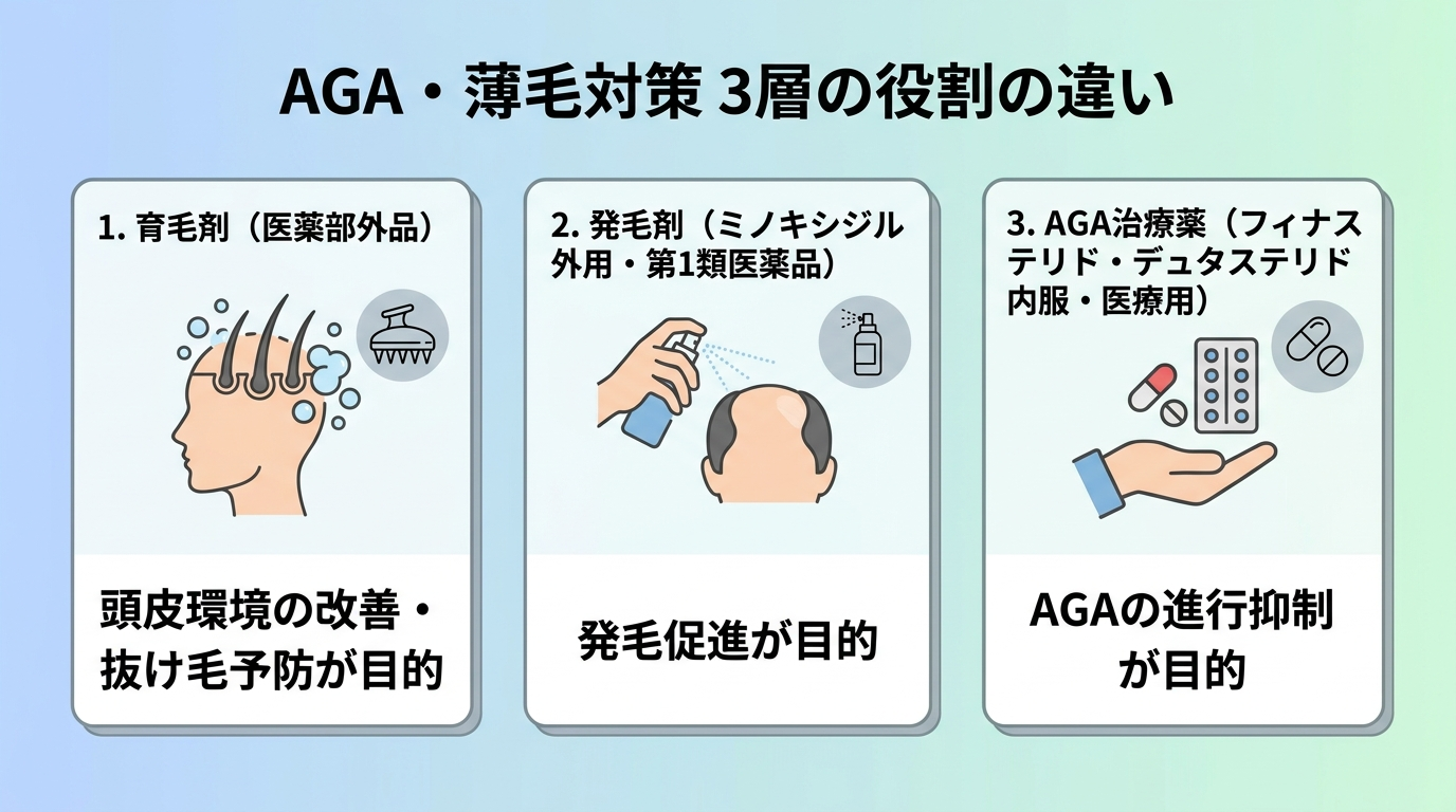 タイトル: AGA・薄毛対策 3層の役割の違い。横並び3カードで: カード1（頭皮のアイコン）ヘッダー: 育毛剤（医薬部外品）、説明: 頭皮環境の改善・抜け毛予防が目的。カード2（スプレーのアイコン）ヘッダー: 発毛剤（ミノキシジル外用・第1類医薬品）、説明: 発毛促進が目的。カード3（錠剤のアイコン）ヘッダー: AGA治療薬（フィナステリド・デュタステリド内服・医療用）、説明: AGAの進行抑制が目的。