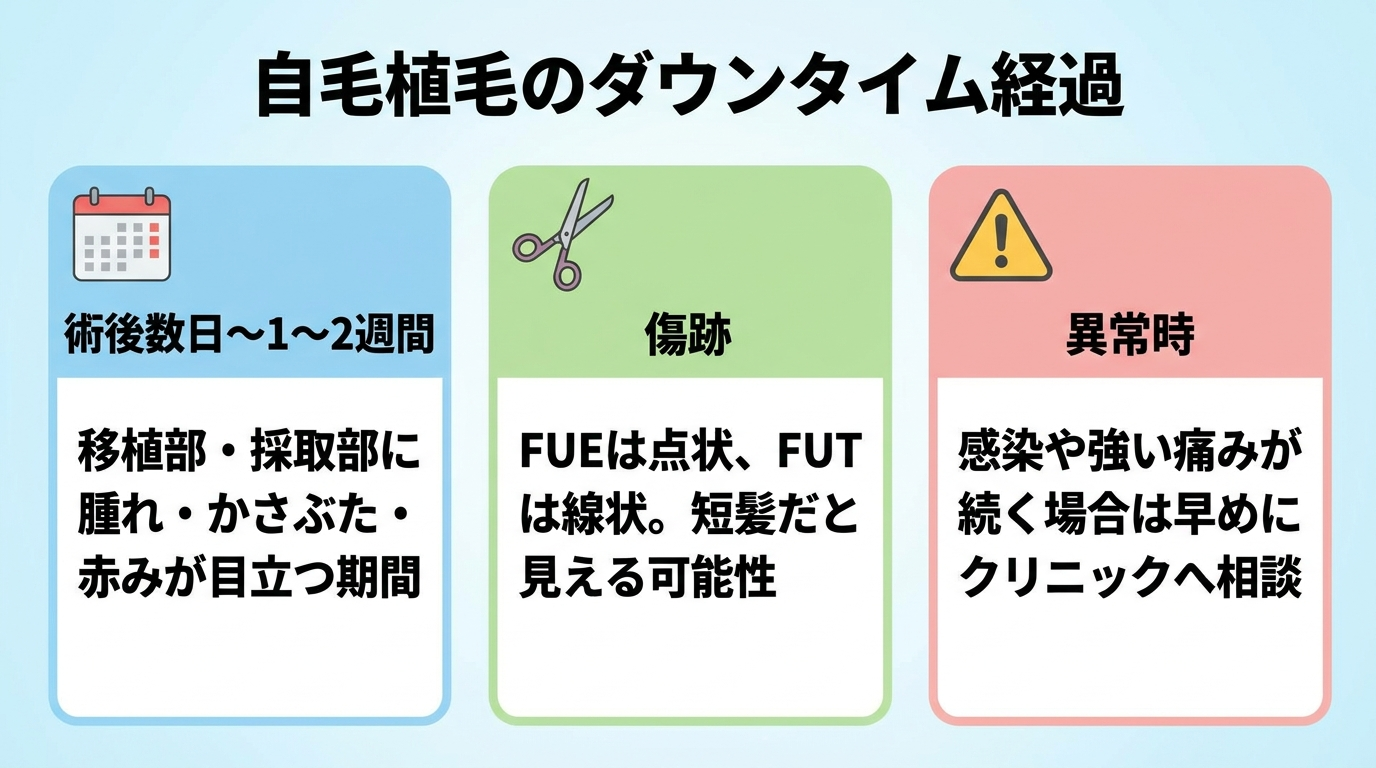 タイトル: 自毛植毛のダウンタイム経過。横並び3カードで: カード1(カレンダーのアイコン)ヘッダー: 術後数日〜1〜2週間、説明: 移植部・採取部に腫れ・かさぶた・赤みが目立つ期間。カード2(ハサミのアイコン)ヘッダー: 傷跡、説明: FUEは点状、FUTは線状。短髪だと見える可能性。カード3(注意アイコン)ヘッダー: 異常時、説明: 感染や強い痛みが続く場合は早めにクリニックへ相談