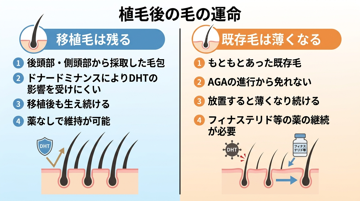 タイトル: 植毛後の毛の運命。左右2カラム比較図: 左カラム(移植毛)ヘッダー: 移植毛は残る、説明: 後頭部・側頭部から採取した毛包はドナードミナンスによりDHTの影響を受けにくく、移植後も生え続ける。薬なしで維持できる。右カラム(既存毛)ヘッダー: 既存毛は薄くなる、説明: もともとあった既存毛はAGAの進行から免れず、放置すると薄くなり続ける。フィナステリド等の薬の継続が必要
