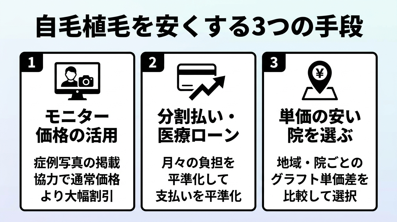 タイトル: 自毛植毛を安くする3つの手段。横並び3カードで: カード1(モニターのアイコン)ヘッダー: モニター価格の活用、説明: 症例写真の掲載協力で通常価格より大幅割引。カード2(クレジットカードのアイコン)ヘッダー: 分割払い・医療ローン、説明: 月々の負担を平準化して支払いを平準化。カード3(地図ピンのアイコン)ヘッダー: 単価の安い院を選ぶ、説明: 地域・院ごとのグラフト単価差を比較して選択