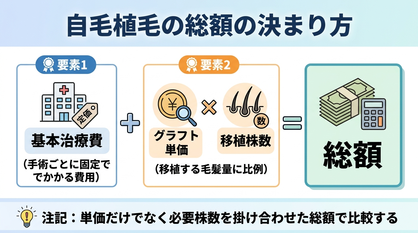 タイトル: 自毛植毛の総額の決まり方。2つの構成要素を足し算で示すインフォグラフィック。要素1: 基本治療費(手術ごとに固定でかかる費用)+ 要素2: グラフト単価 × 移植株数(移植する毛髪量に比例)= 総額。下部に注記: 単価だけでなく必要株数を掛け合わせた総額で比較する