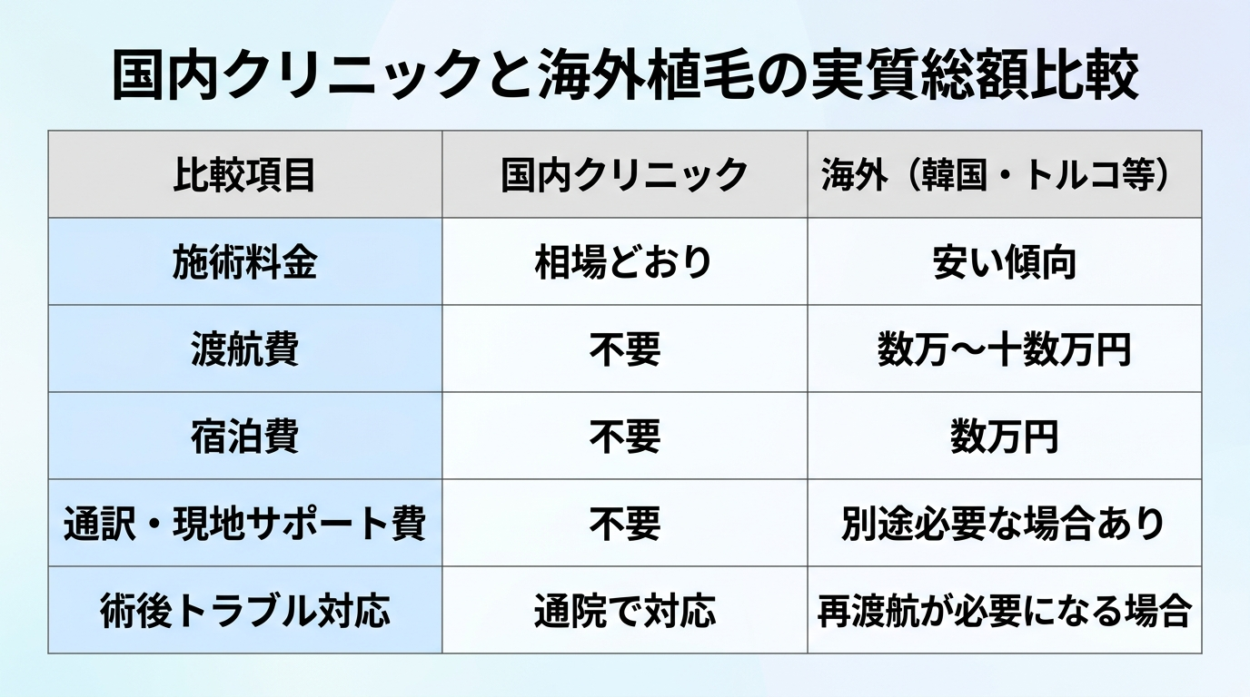 タイトル: 国内クリニックと海外植毛の実質総額比較。5行の表: ヘッダー行: 比較項目 | 国内クリニック | 海外(韓国・トルコ等)。行1: 施術料金 | 相場どおり | 安い傾向。行2: 渡航費 | 不要 | 数万〜十数万円。行3: 宿泊費 | 不要 | 数万円。行4: 通訳・現地サポート費 | 不要 | 別途必要な場合あり。行5: 術後トラブル対応 | 通院で対応 | 再渡航が必要になる場合