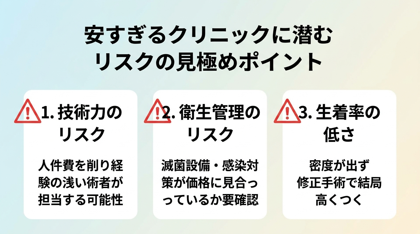 タイトル: 安すぎるクリニックに潜むリスクの見極めポイント。縦並び3項目のチェックリスト形式。項目1(警告アイコン): 技術力のリスク — 人件費を削り経験の浅い術者が担当する可能性。項目2(警告アイコン): 衛生管理のリスク — 滅菌設備・感染対策が価格に見合っているか要確認。項目3(警告アイコン): 生着率の低さ — 密度が出ず修正手術で結局高くつく
