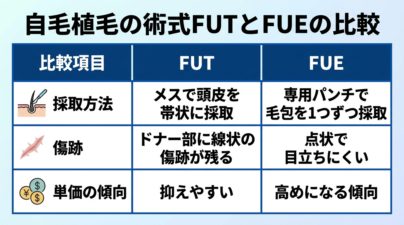 タイトル: 自毛植毛の術式FUTとFUEの比較。3行の表: ヘッダー行: 比較項目 | FUT | FUE。行1: 採取方法 | メスで頭皮を帯状に採取 | 専用パンチで毛包を1つずつ採取。行2: 傷跡 | ドナー部に線状の傷跡が残る | 点状で目立ちにくい。行3: 単価の傾向 | 抑えやすい | 高めになる傾向
